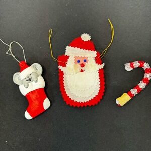 Lot Of 3 Vintage Christmas Ornaments - Beaded Candy Cane, Santa & Mouse‎